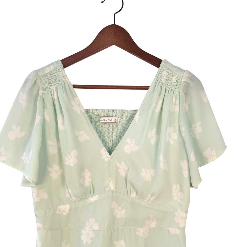 Abercrombie & Fitch Mint Green Floral Flutter Sleeve Smocked Mini Dress Small - Picture 4 of 6